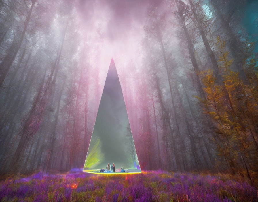 Mystical forest with tall fog-shrouded trees and glowing triangular portal