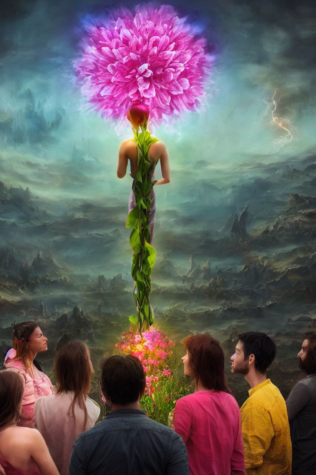 Group of people admire giant flower figure in stormy sky