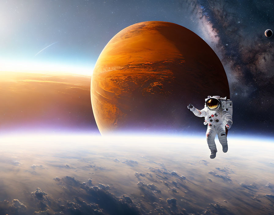 Astronaut floating in space with Mars-like planet and Earth's atmosphere.