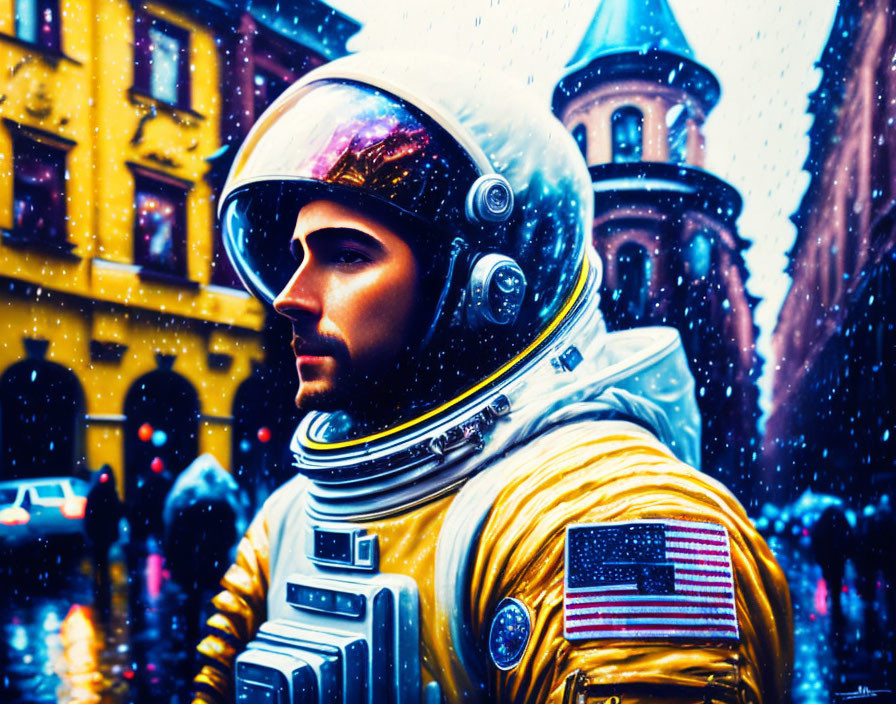 Astronaut in yellow spacesuit on rainy city street with American flag patch