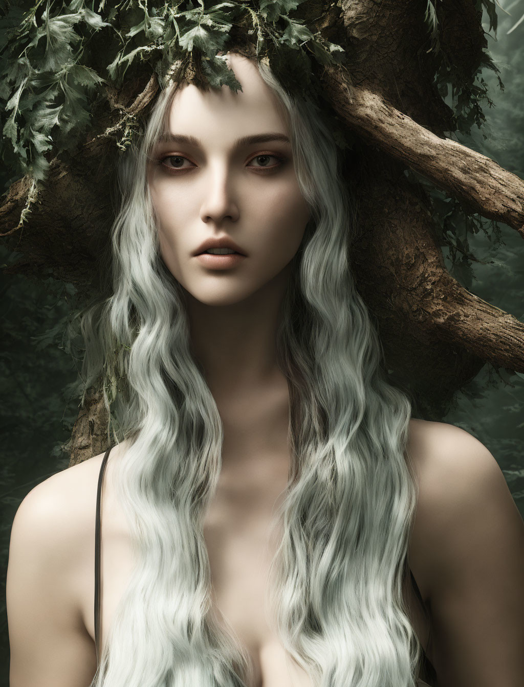 Pale-skinned figure with long grey hair and red eyes in nature setting.