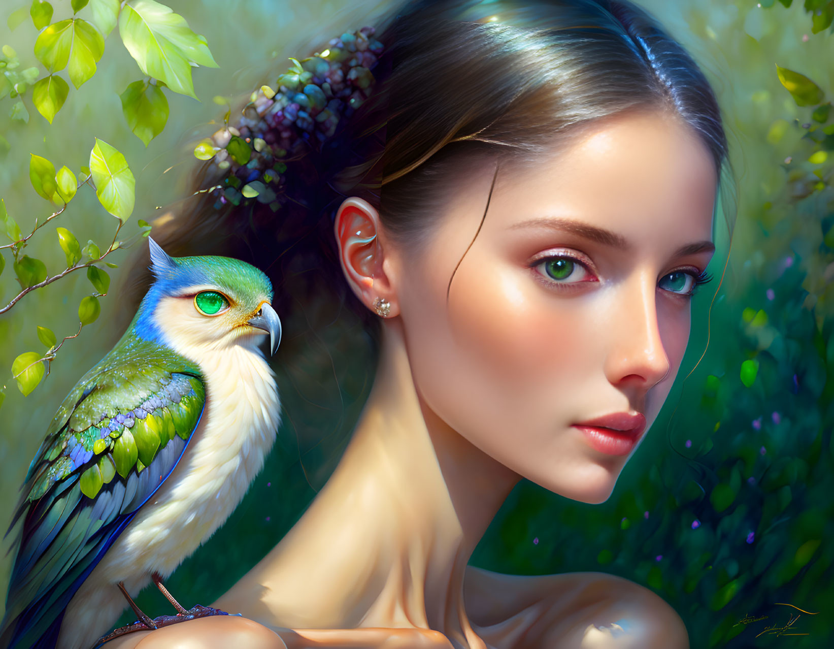 Woman with green-eyed bird in lush foliage under soft lighting