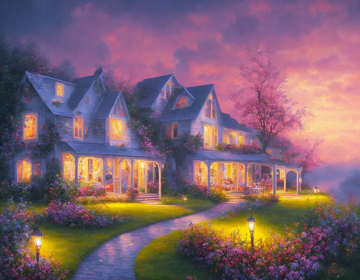 Illuminated Country House at Dusk with Blooming Gardens