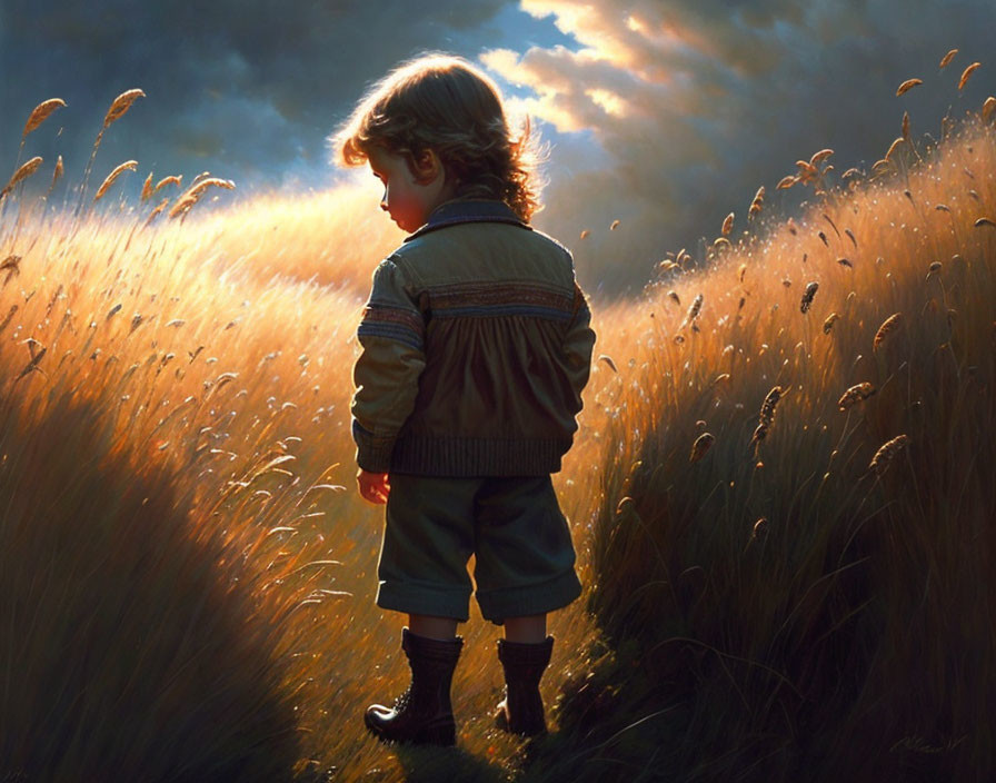 Child in Golden Grass Field at Sunset