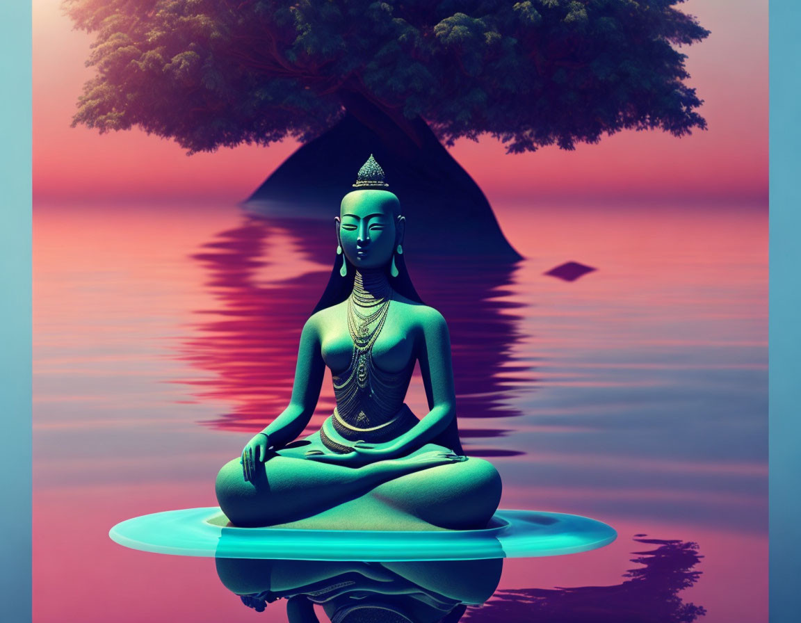 Meditating Buddha statue in blue hue by tree on water at dusk