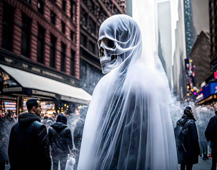 Person in skull mask with white cloak in city street scene.