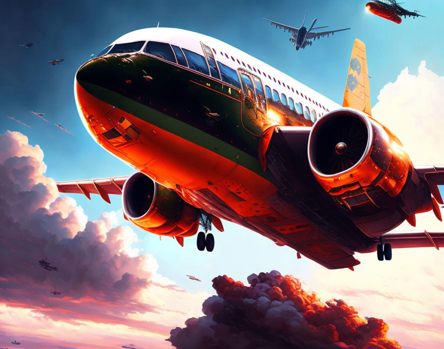 Colorful sunset sky with multiple airplanes flying closely in dramatic clouds