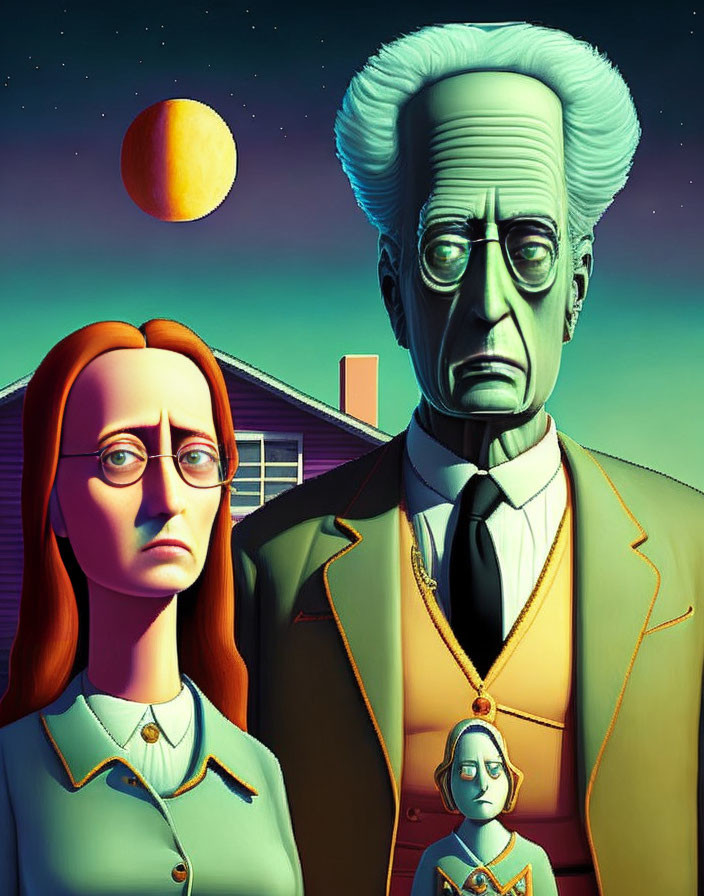 Illustration of three stylized characters against surreal backdrop