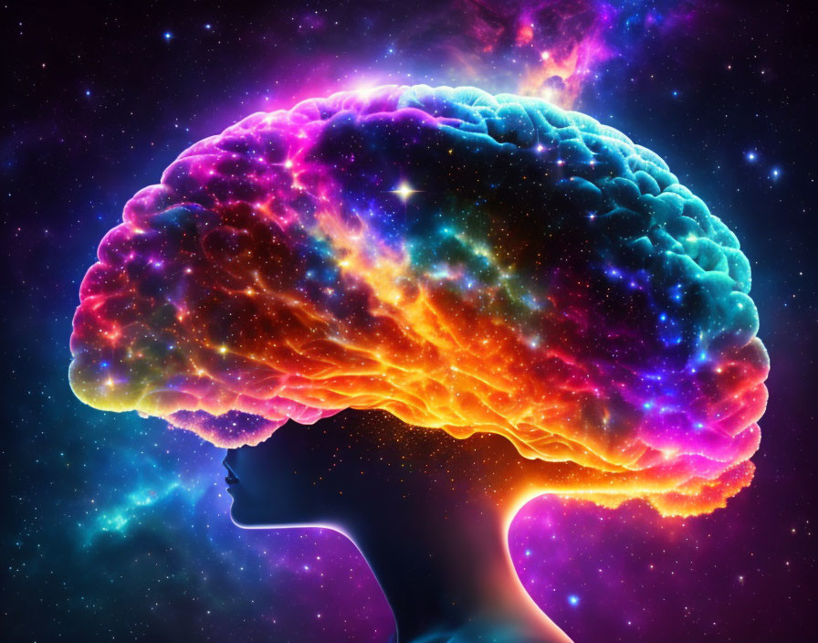 Colorful Human Brain Illustration in Neon Against Cosmic Starry Background