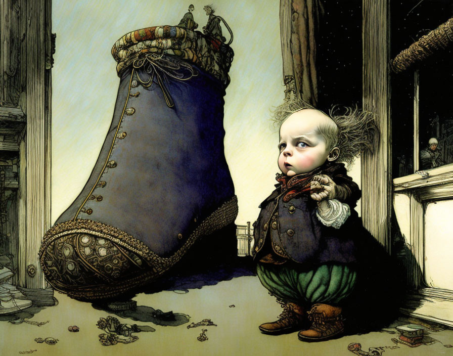 Whimsical toddler illustration with exaggerated features and ornate shoe in detailed setting