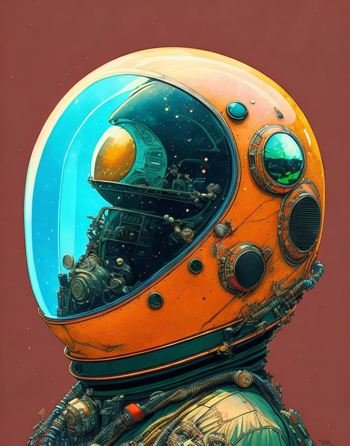 Detailed retro-futuristic astronaut helmet illustration with cosmic reflection.