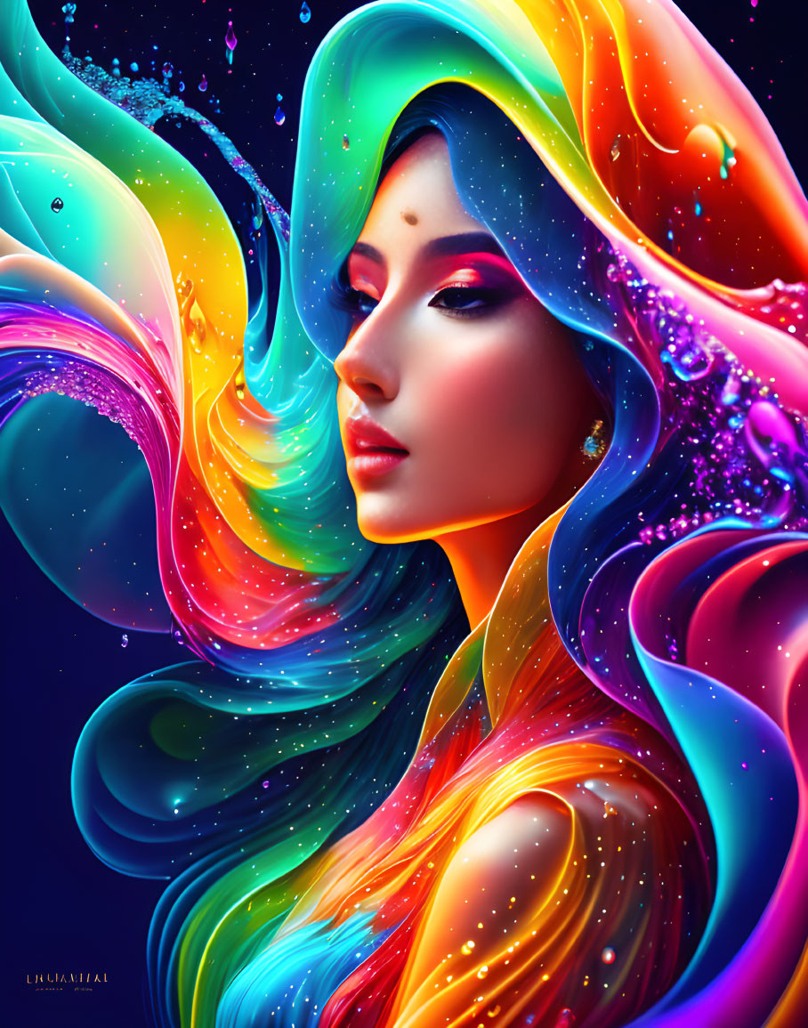 Colorful digital artwork: Woman with cosmic nebula hair on dark blue background