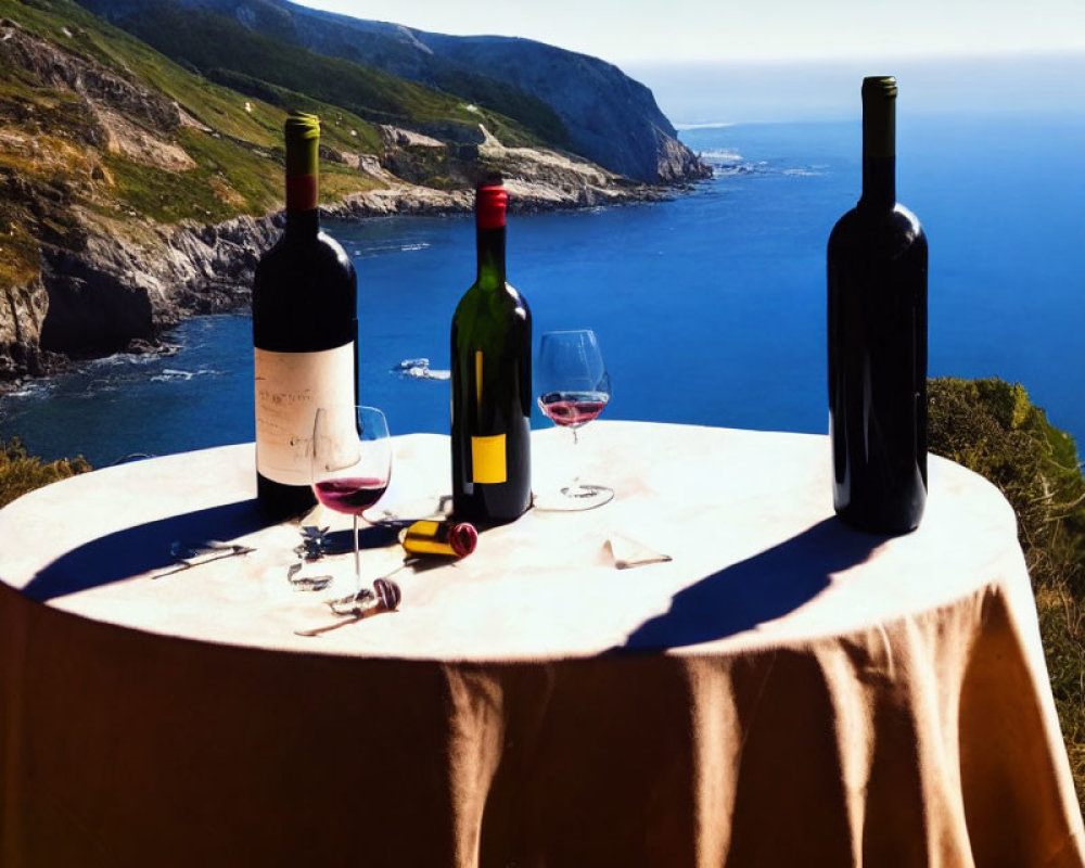 Wine Bottles and Glasses on Table with Coastal Landscape
