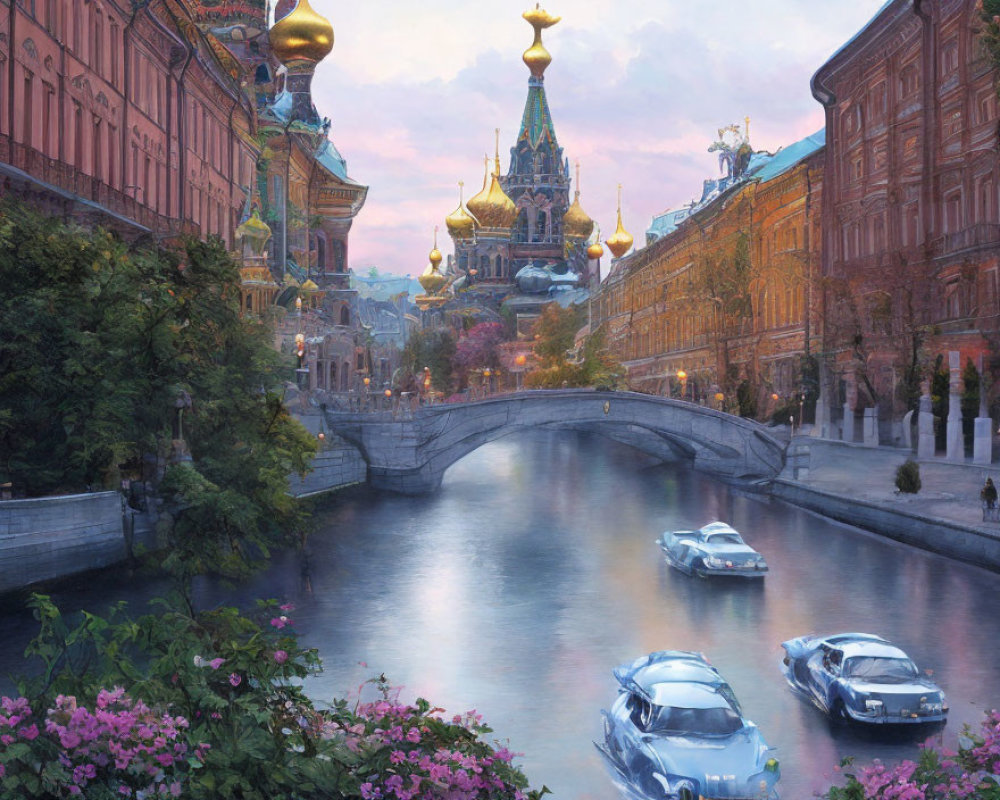 Cityscape at Twilight with Canal, Boats, Bridge, and Historic Buildings