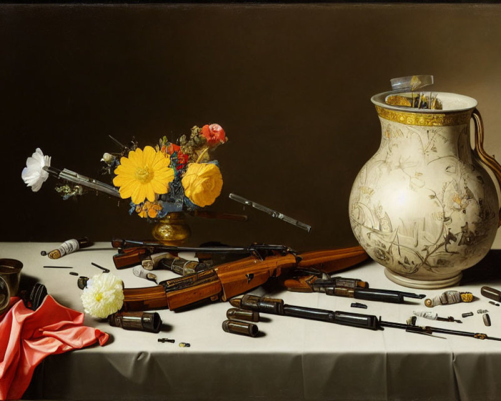 Floral arrangement, Chinese vase, rifles, ammunition, red cloth on table