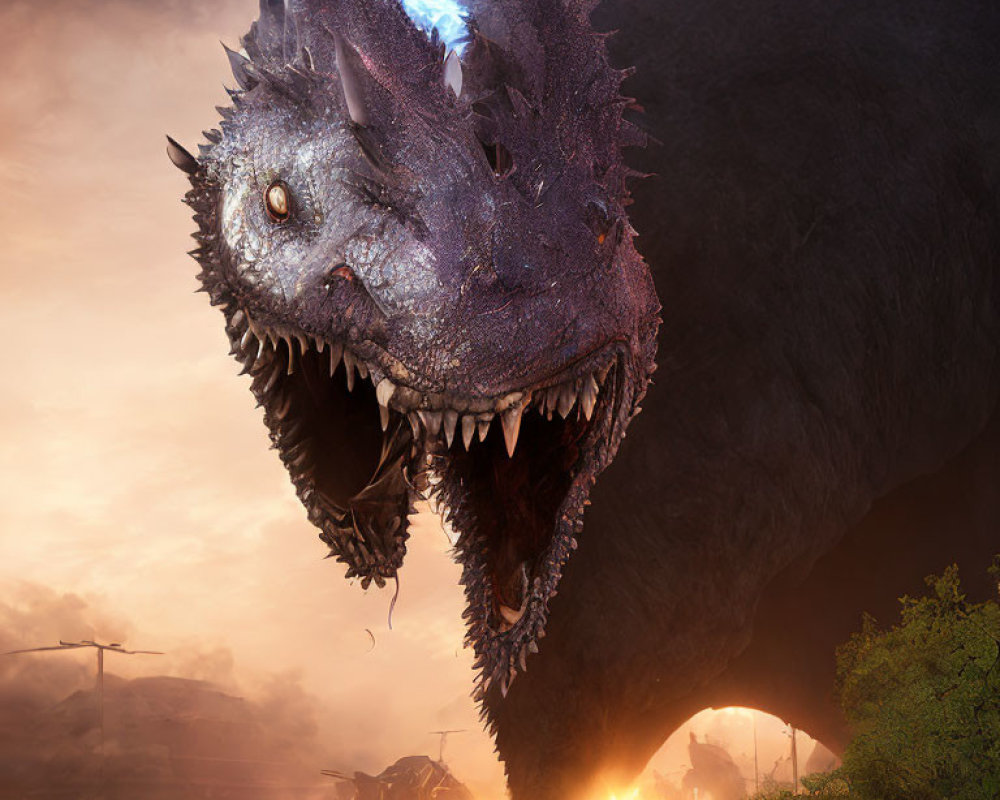 Giant purple dragon with glowing blue eyes in dusty landscape at dusk