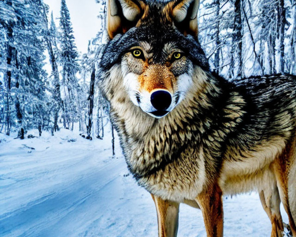 Majestic wolf in snowy forest with piercing eyes and thick fur