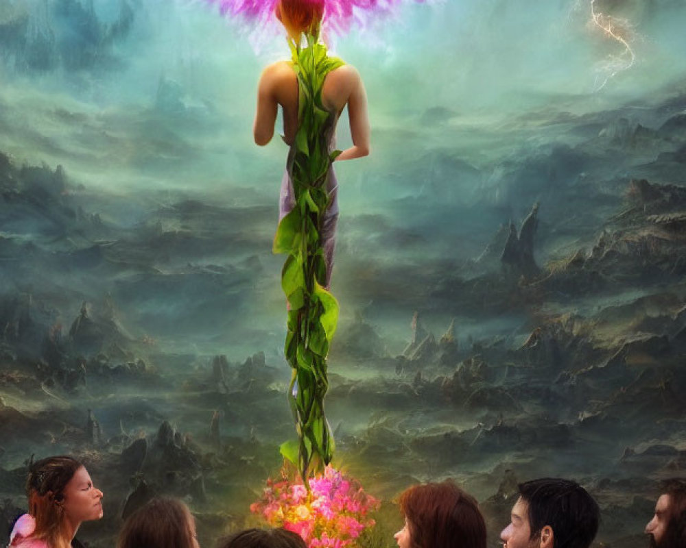 Group of people admire giant flower figure in stormy sky