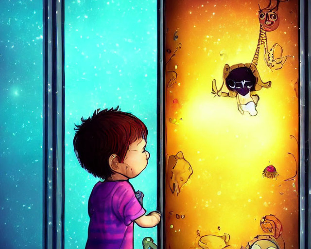 Child gazes into enchanted wardrobe with floating toys and colorful space