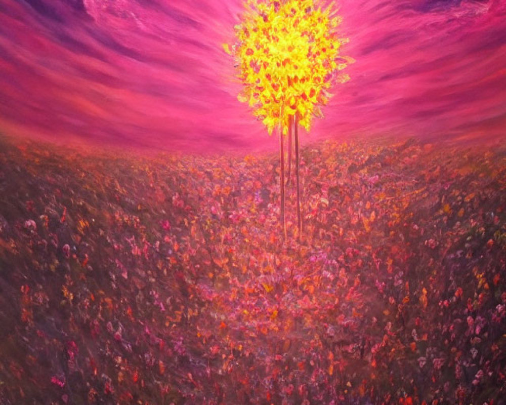 Vivid painting: Glowing tree in dense crowd under purple sky