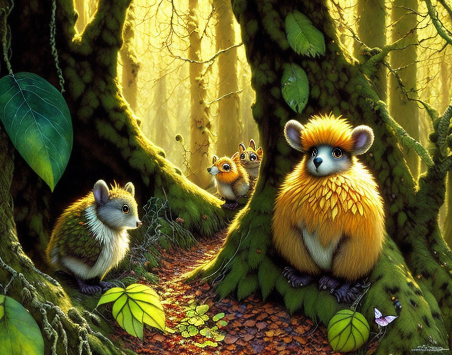 Whimsical large-eyed rodents in enchanted forest scene