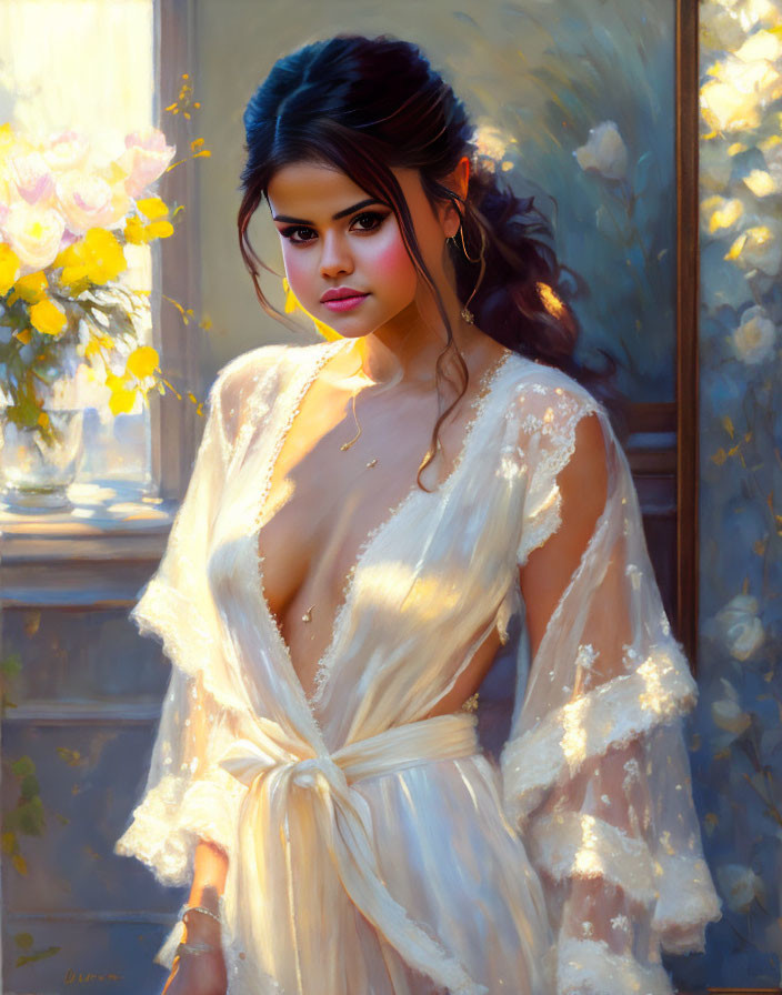 Dark-Haired Woman in White Robe by Sunny Window