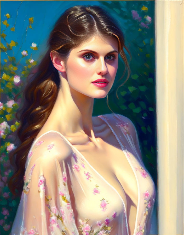 Digital portrait of woman with flowing brown hair, in sheer dress by floral column.