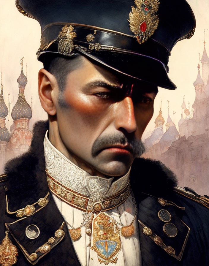 Elaborate military uniform portrait with stern man and domed backdrop