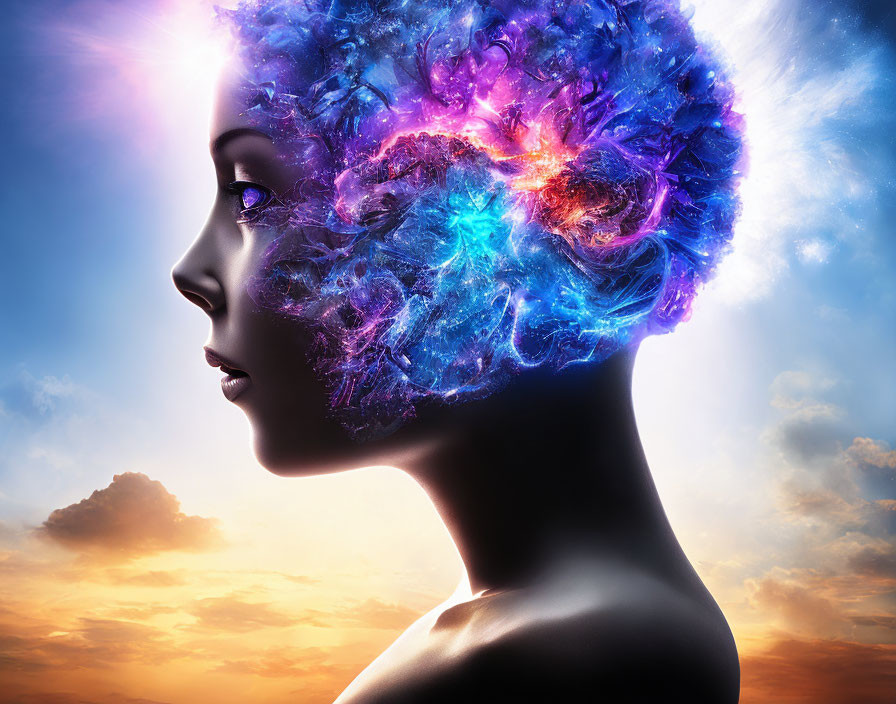 Woman's profile with cosmic nebula hair in sunset sky