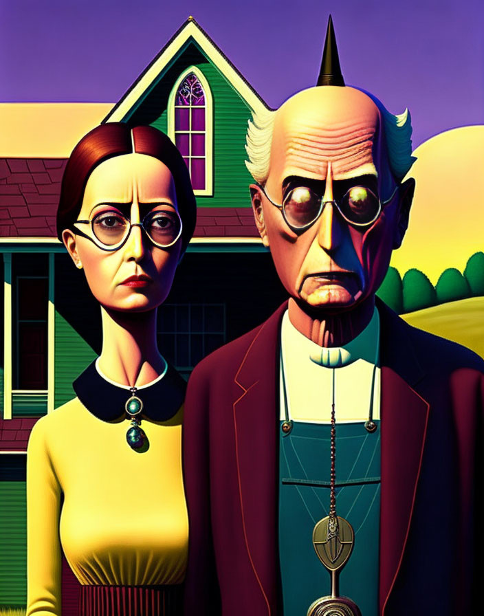 Stylized illustration of stern couple in front of house