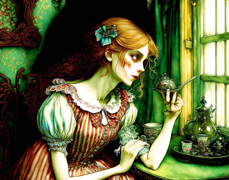 Vintage Attired Woman Sipping Tea Surrounded by Ornate Elements