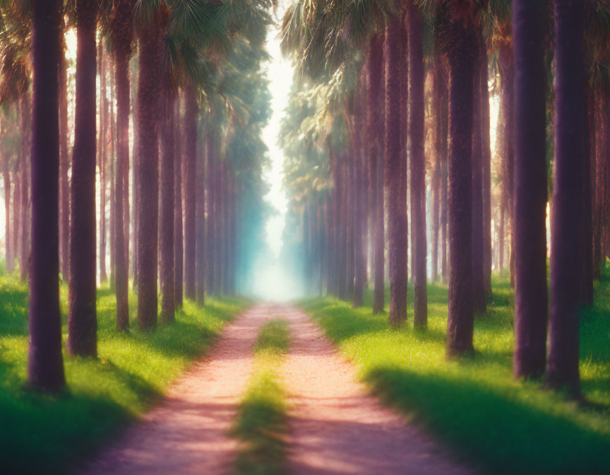 Sunlit Path Through Serene Palm Tree Avenue