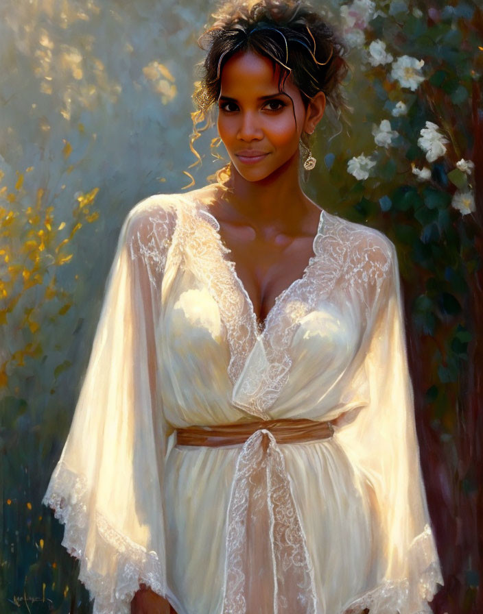 Smiling woman in ivory lace dress surrounded by soft-focused flora