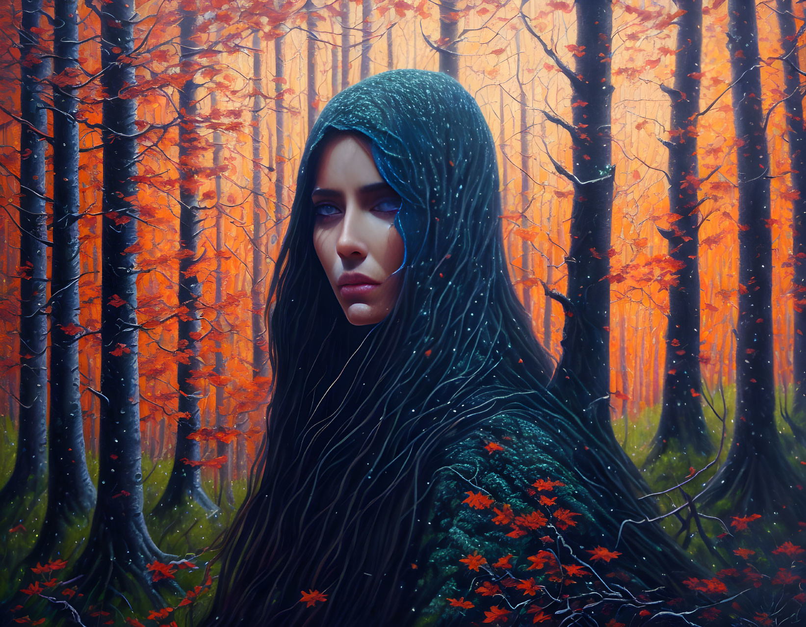 Dark-haired woman in green shawl amidst autumn forest with orange leaves