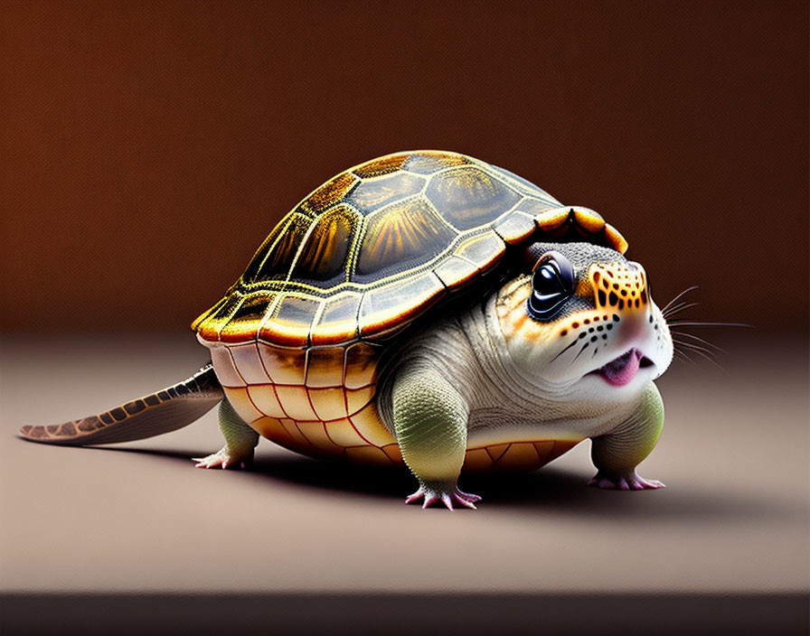 Whimsical digital artwork of turtle with mouse head on brown background