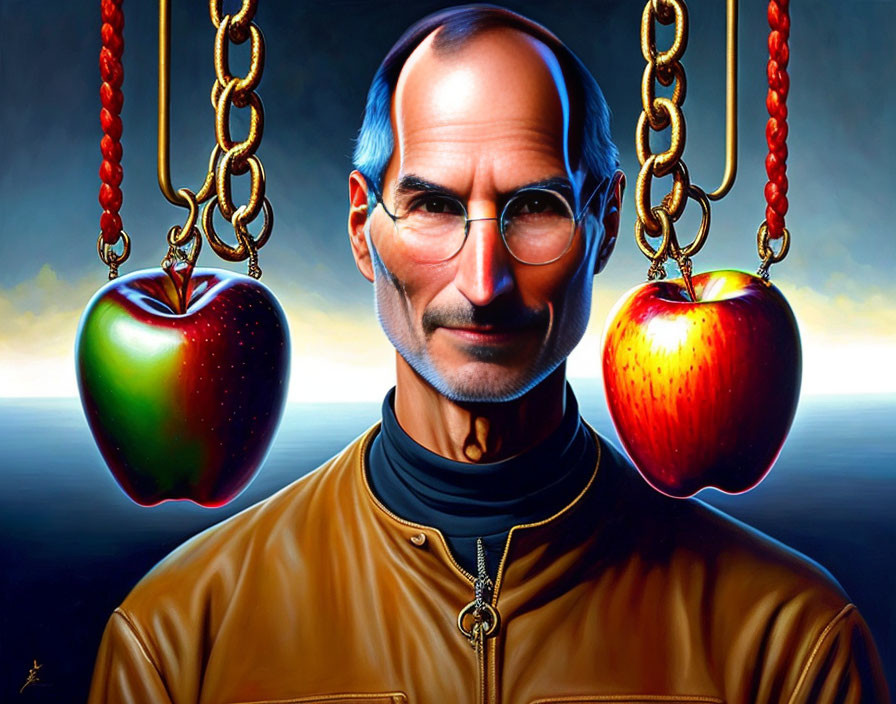 Man in Glasses with Turtleneck and Jacket Beside Glowing Apples