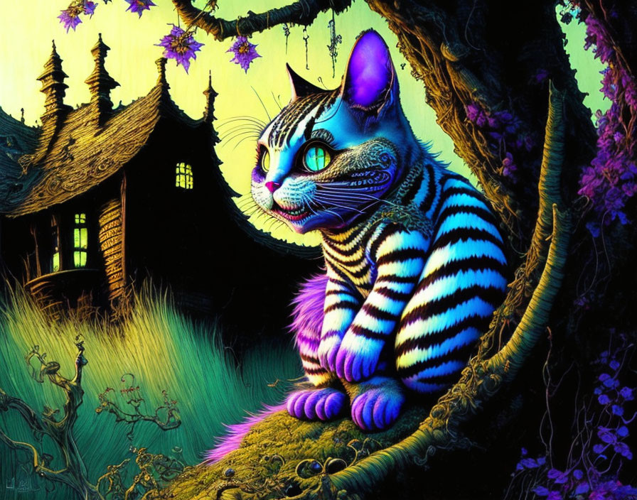 Colorful Cheshire Cat on Branch with Whimsical Background