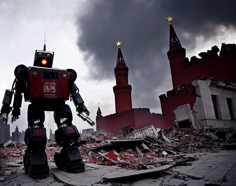 Giant red robot in ruined city under yellow star sky