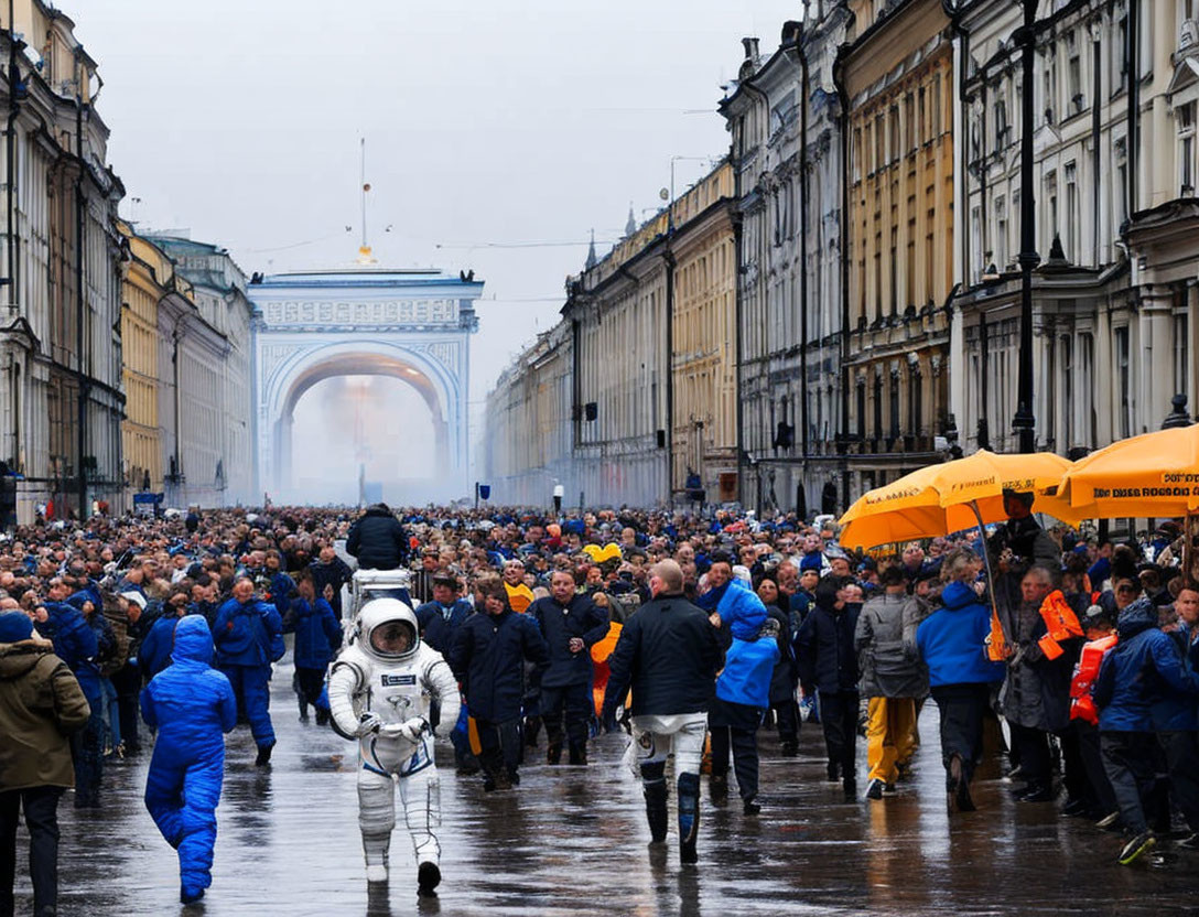 Astronaut in crowd on wet street with umbrellas and historic buildings