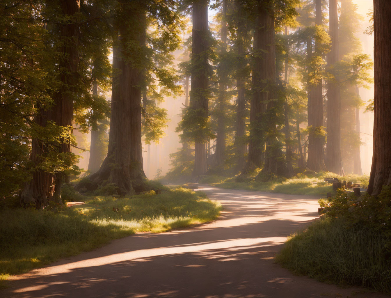 Sunlit Forest Road Amid Redwood Trees and Lush Greenery