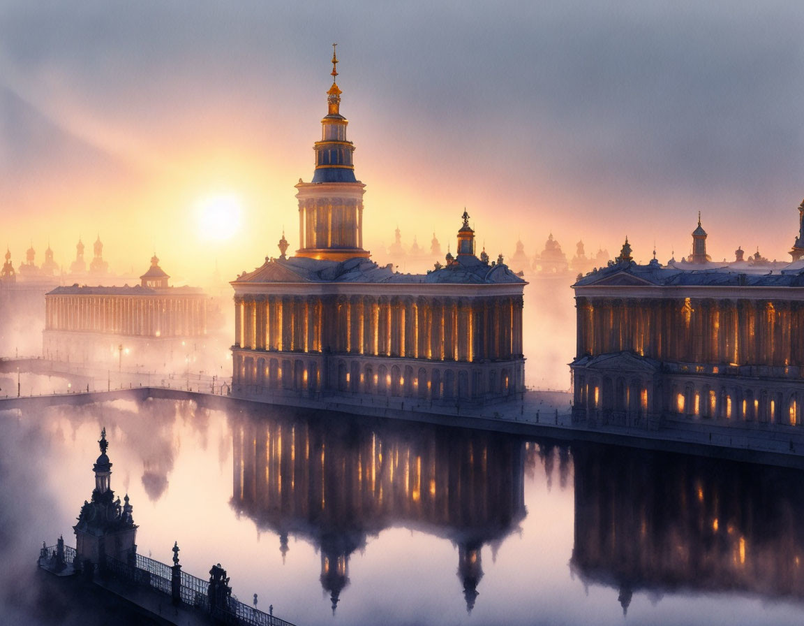 Majestic sunset over ornate building with golden spire in foggy reflection