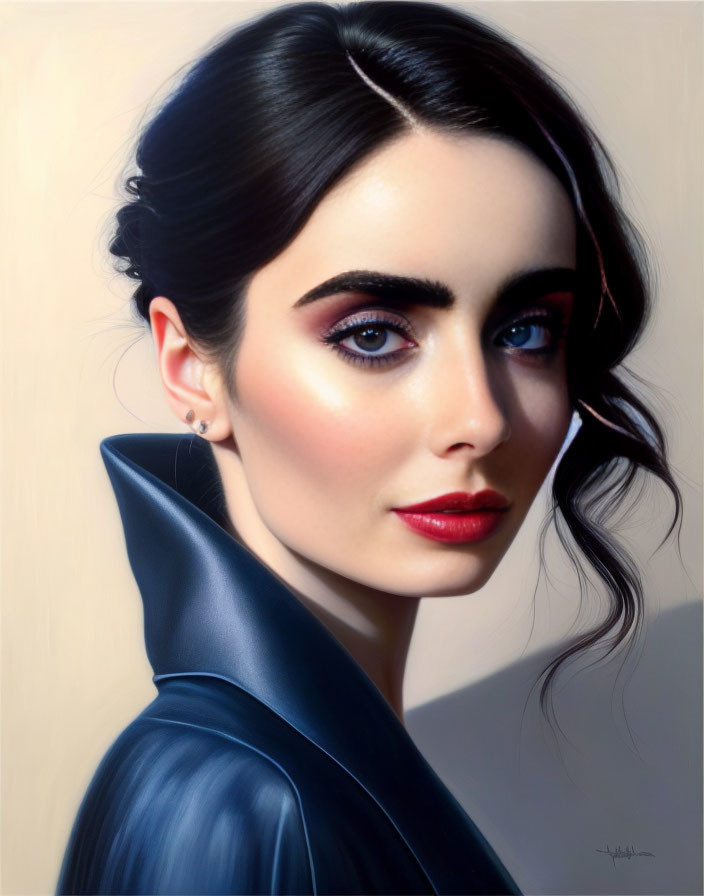 Hyper-realistic portrait of woman with dark hair, blue eyes, red lipstick, blue high-coll