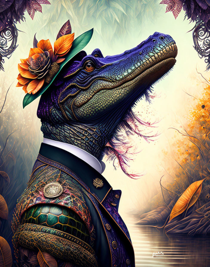 Anthropomorphic alligator in Victorian attire with lotus flower hat in misty forest