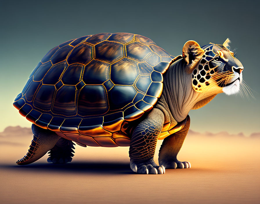 Surreal hybrid creature: tortoise body, jaguar head on gradient background