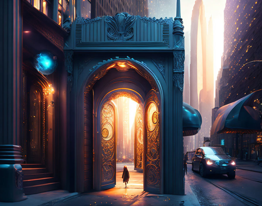 Person standing before futuristic gates in a bustling city street at sunset