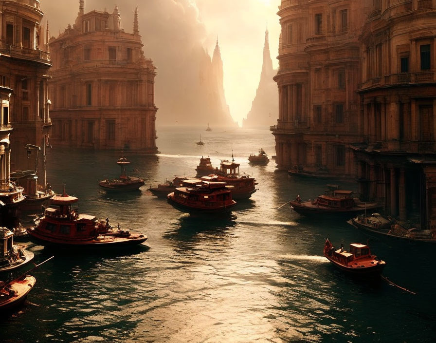 Imagined cityscape with classical architecture by a serene waterway at sunset