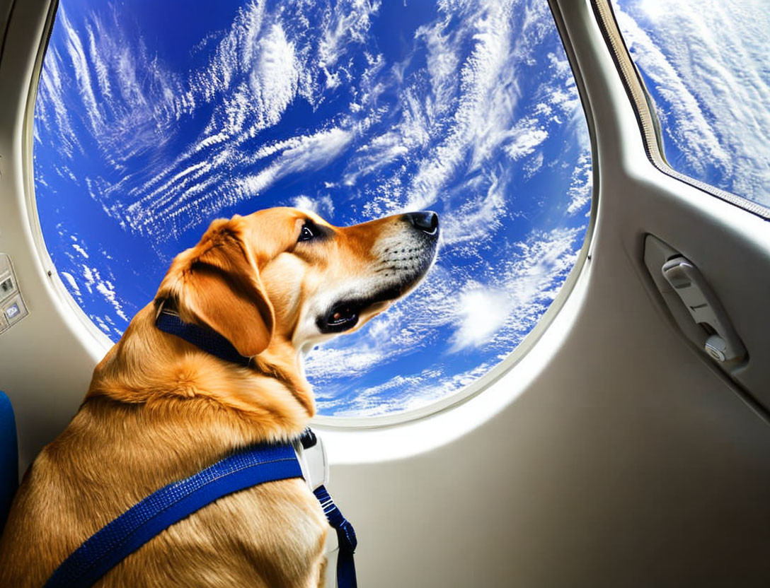 Blue harness dog gazes from airplane window at sky.