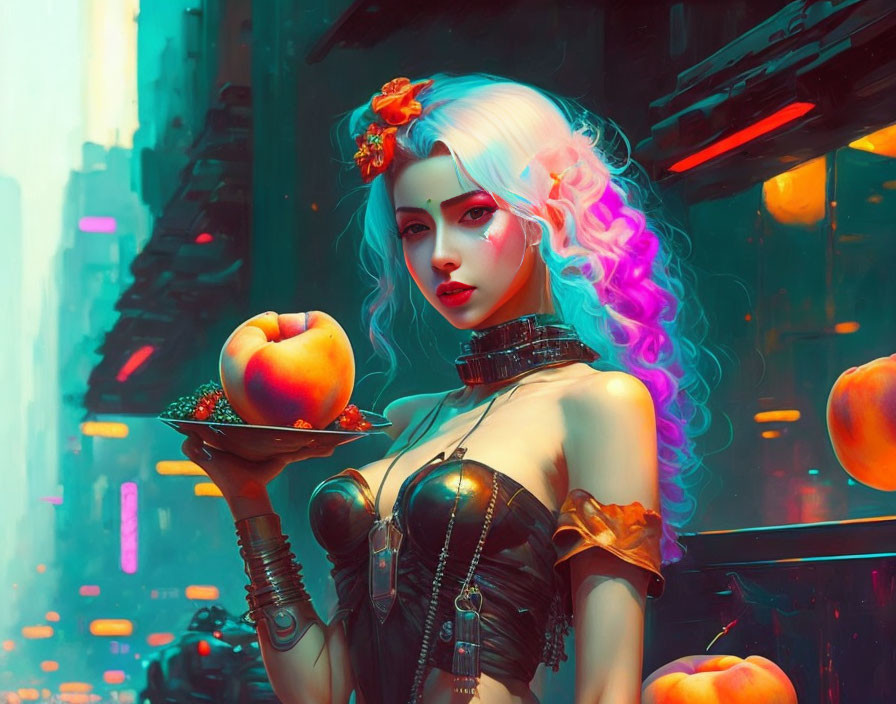 Futuristic woman with ombre hair holding an apple in cyberpunk cityscape