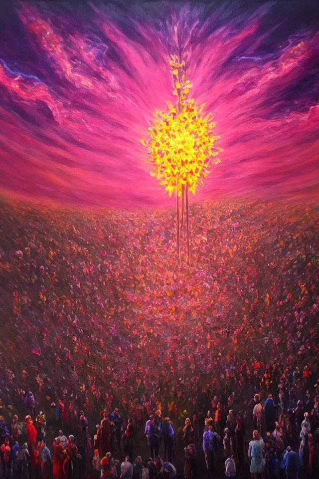 Vivid painting: Glowing tree in dense crowd under purple sky