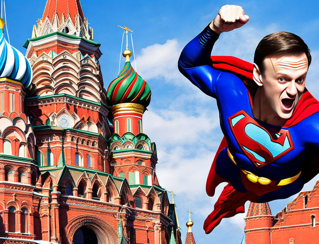 Person in Superman costume flying over colorful domes of Saint Basil's Cathedral.